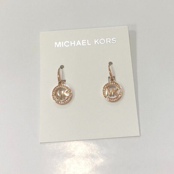 MICHAEL KORS Rose Gold Tone Logo Drop Dangle Pave Crystal Earrings - Picture 6 of 7